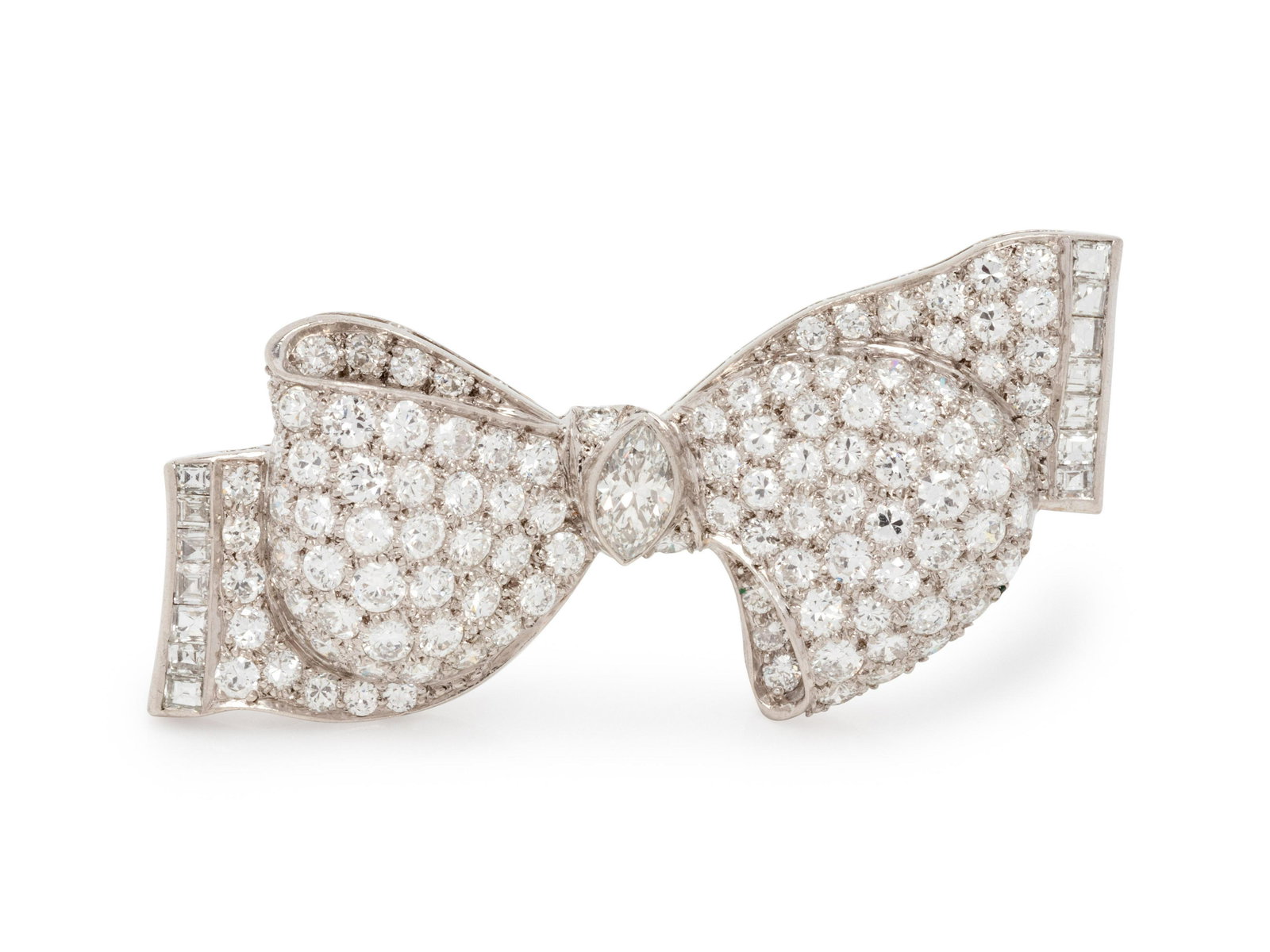 McTeigue, Diamond Bow Brooch: Diamond Bow Brooch containing one marquise cut diamond weighing approximately 0.15 carat, 100 round brilliant cut diamonds weighing approximately 4.00 carats total and 14 square step cut diamonds weig