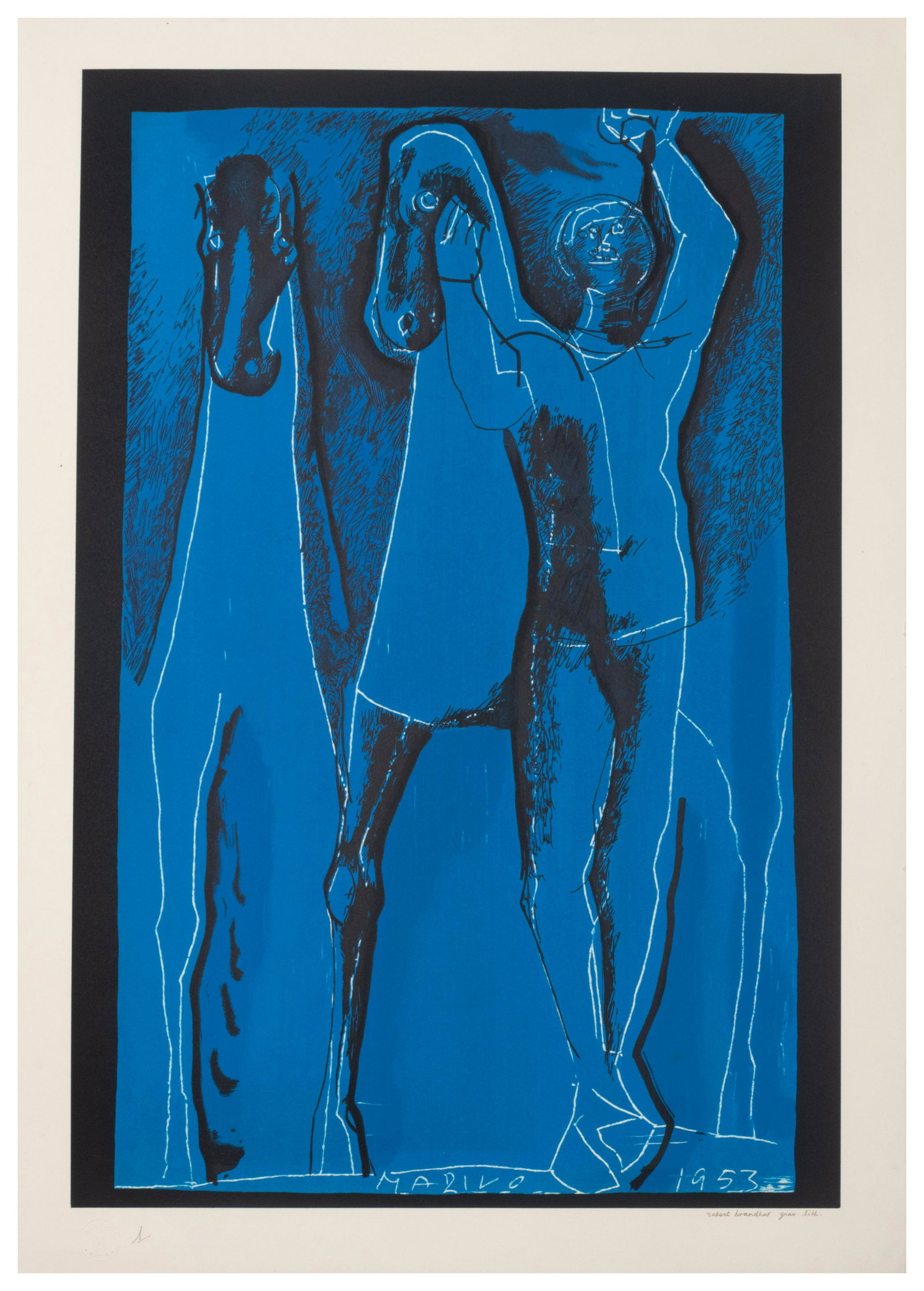 After Marino Marini (Italian, 1901-1980) A pair of: After Marino Marini (Italian, 1901-1980) A pair of prints (Cavaliere and Composizione Blu), 1991 lithographs bearing stamp of Marino Marini 26 3/4 x 18 inches. Property being sold to benefit the Vanco