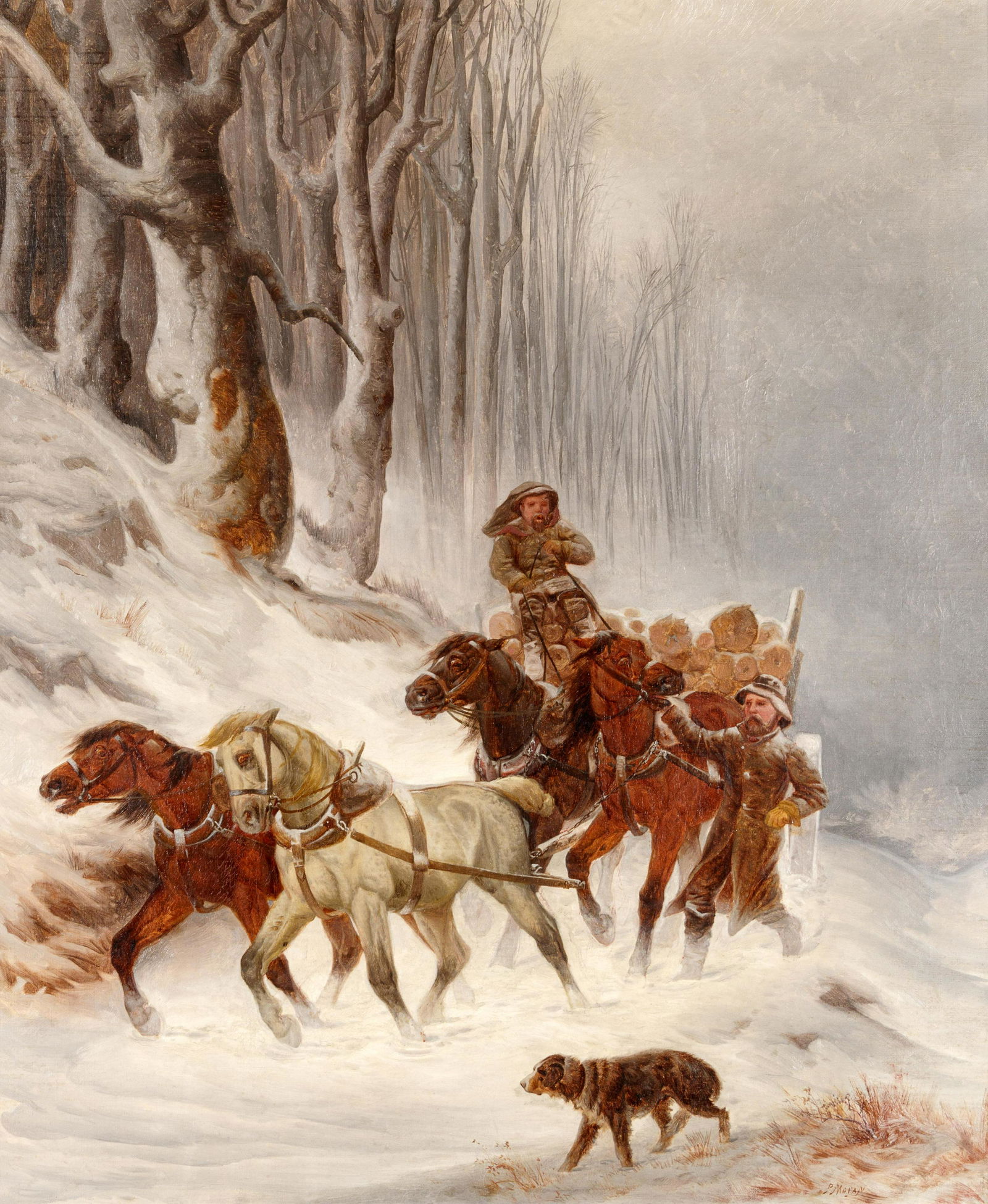 Peter Moran (American, 1841-1914) Braving the Storm: Peter Moran (American, 1841-1914) Braving the Storm oil on canvas signed P Moran (lower right) 30 x 25 inches.