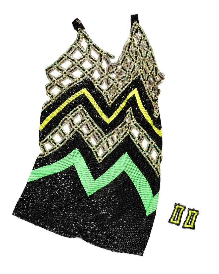 Two Paco Rabanne Printed Chain Mesh Dresses and a Pair: Two Paco Rabanne Printed Chain Mesh Dresses and a Pair of Earrings, 1960s The First: Metal mesh dress of a black, blue, red and pink zig-zag design with square openwork around top edge. Label: Paco Ra