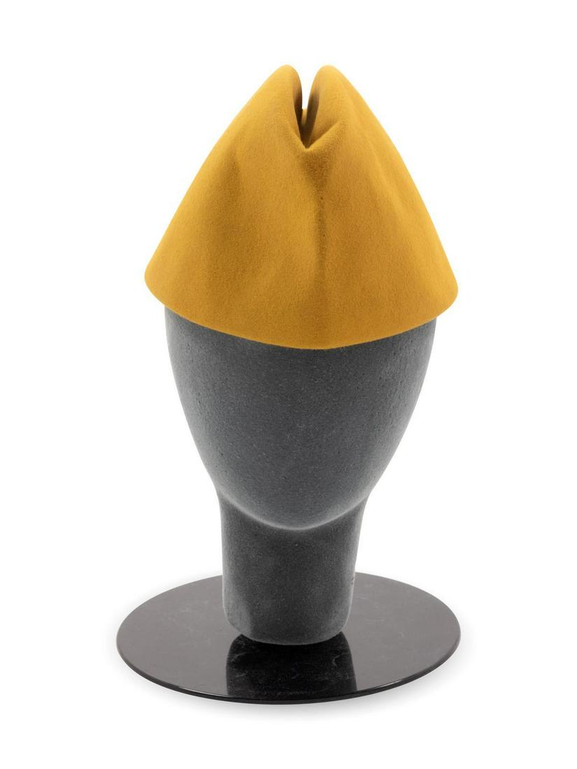 Two Rive Gauche Caps and One Anna Sui Knit Cap: Two Rive Gauche Caps and One Anna Sui Knit Cap -One Saint Laurent Rive Gauche Purple Leather Cap -One Yellow Rive Gauche Wedge Cap -One Anna Sui Sequined Knit Cap Property From the Ebony Fashion Fair