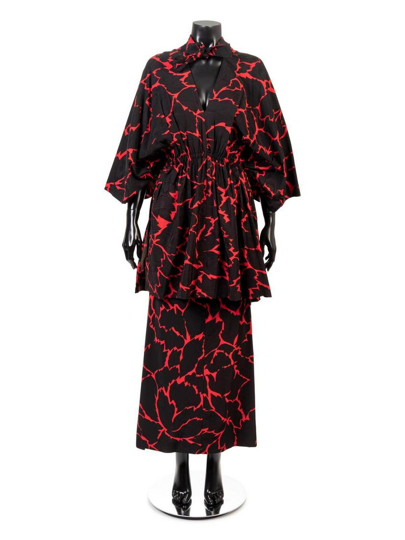 Gres Boutique Evening Ensemble, 1970-80s: Gres Boutique Evening Ensemble, 1970-80s Red and Black Faille evening ensemble includes a draped tunic with an elastic waist and left side hook eye closure and matching pencil skirt with elastic waist