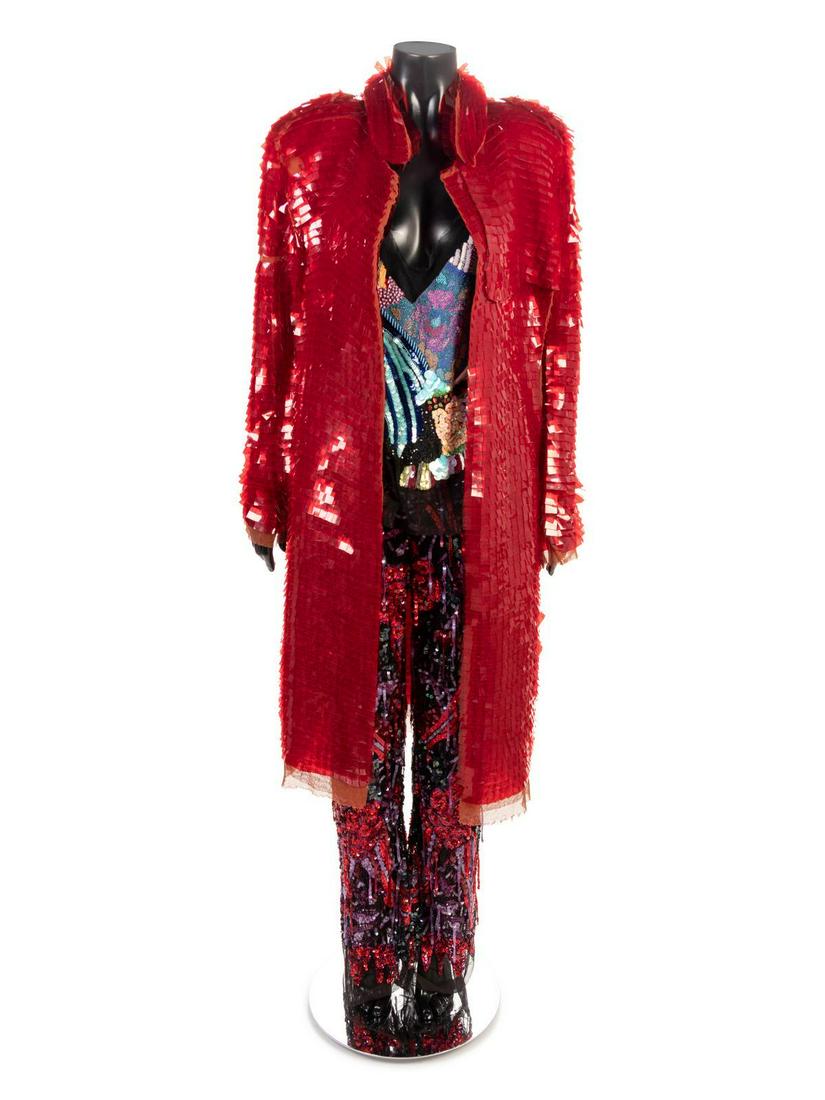 Christian Lacroix Evening Ensemble, 1990s: Christian Lacroix Evening Ensemble, 1990s Red Mylar square paillette on orange net trench coat with heavily embellished spaghetti-strap top on black net, and red, purple, and black sequin and bead pan