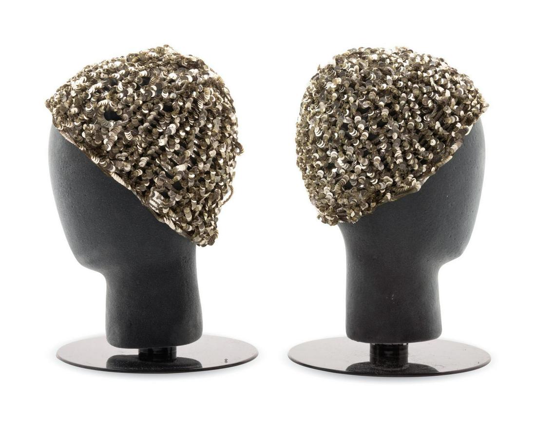Two Issey Miyake Knit and Sequin Hats, 1970-80s: Two Issey Miyake Knit and Sequin Hats, 1970-80s Two knit hats embellished with goldtone sequins. Label: Issey Miyake Approximate Measurements: Crown (circumference): Approximate Measurements: Crown (c