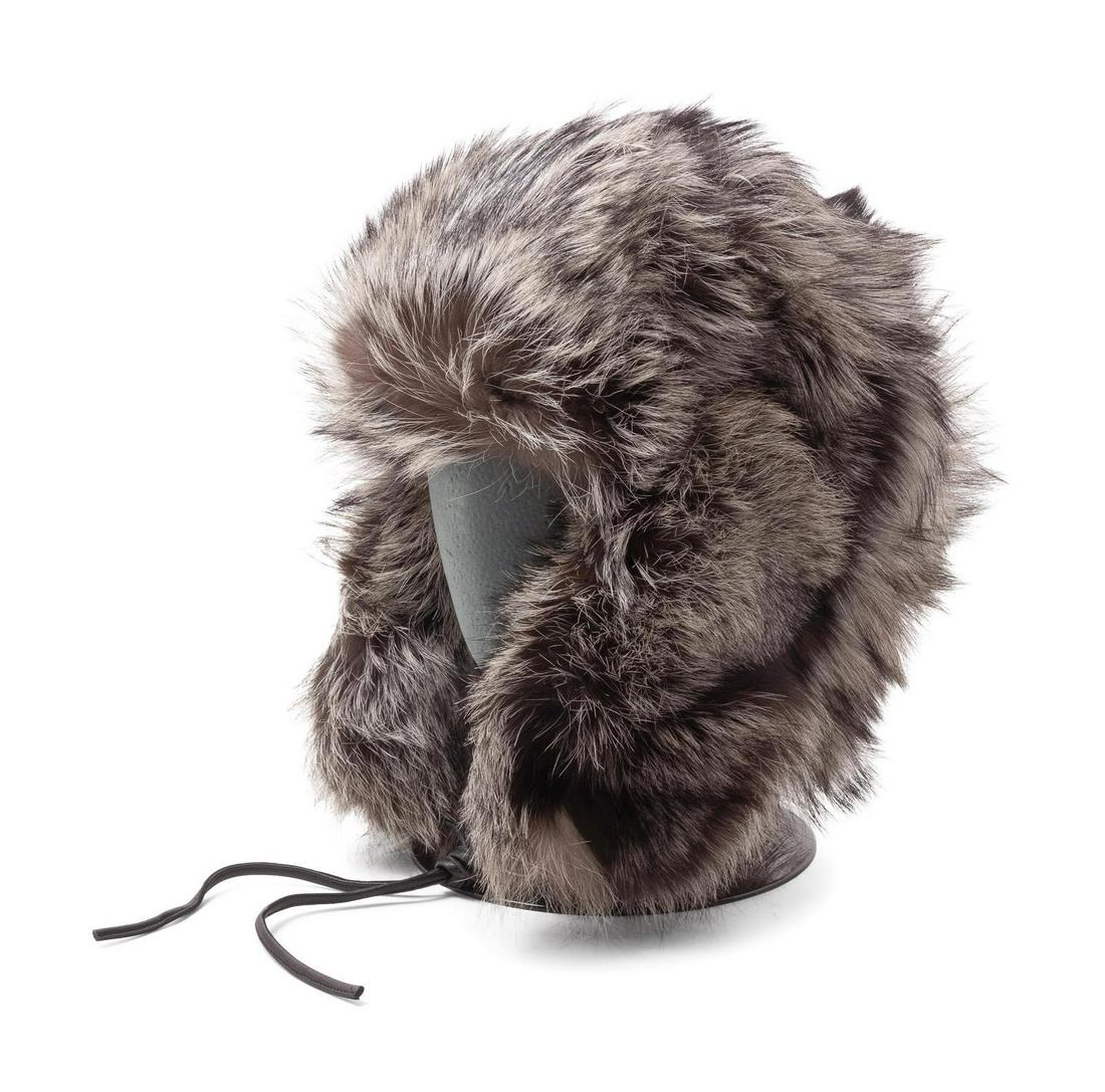 Two Kokin Fur Winter Hats, 1990s: Two Kokin Fur Winter Hats, 1990s Two fox fur hats made with ear flaps . The black and white hat has black leather ties and the brown has braided brown suede ties with beads and feathers on the end. La