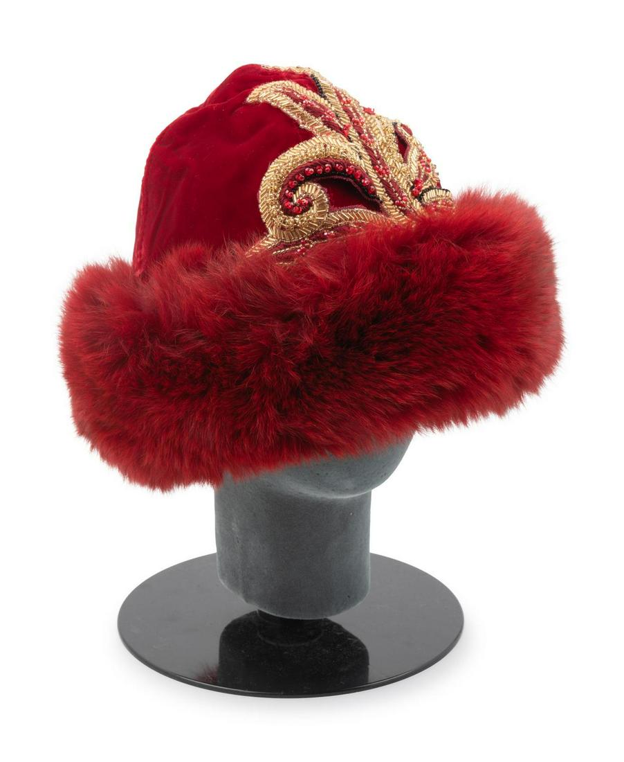 Red Velvet & Fur Hat with Matching Boots, 1990s: Red Velvet & Fur Hat with Matching Boots, 1990s Red velvet hat with fitted crown made in four sections and embellished with a gold and red glass bead and thread embroidered applique at center front. T