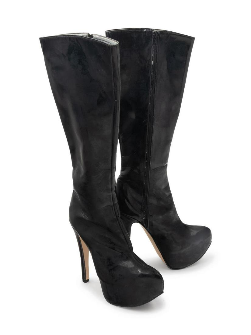 Two Pairs of Boots and One Pair of Shoes, 1990-2000s: Two Pairs of Boots and One Pair of Shoes, 1990-2000s This lot includes: -One Pair of gray and black plaid with blue sequins, size 41.5 -One pair of snake skin slingback heels with rhinestone, size 40 