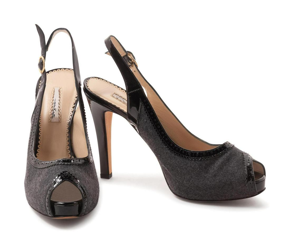 Nine Pairs of Shoes, 1980-2000s: Nine Pairs of Shoes, 1980-2000s This lot includes: -One pair of J. Renee pink velvet lace up shoes, size 10M -One pair of de la Renta gray wool peep toe heels, size 40 -One pair of Riva gold leather h