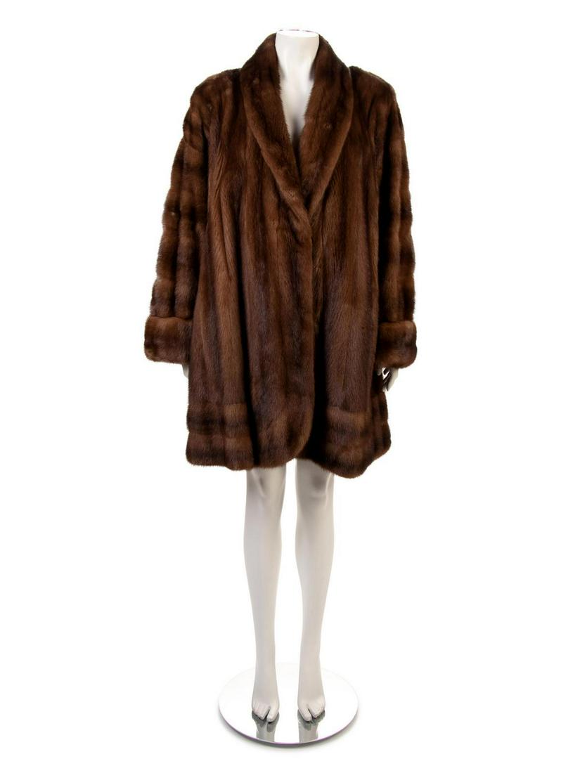 Michael Forrest Brown Mink Coat, 1980-90s: Michael Forrest Brown Mink Coat, 1980-90s Brown mink coat with shawl collar, wide cuffed sleeves, and center front hook and bar closure. Label: Michael Forrest New York No size label Approximate Flat