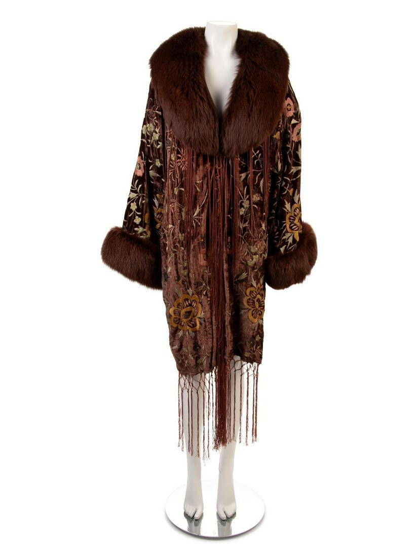 Adrienne Landau Fox-Trimmed Embroidered Coat,: Adrienne Landau Fox-Trimmed Embroidered Coat, 1990-2000s Brown silk blend velvet, embroidered with multicolor flowers, edged with silk trim. Coat is trimmed wide band of Norwegian fox fur around cuff