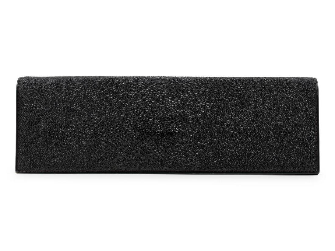 Arte Black Shagreen Clutch, 1990-00s : Arte Black Shagreen Clutch, 1990-00s Black shagreen clutch with long front flap and lined in eggplant leather. 14.5" L x 2.5" W x 4.5" H Stamped: Arte