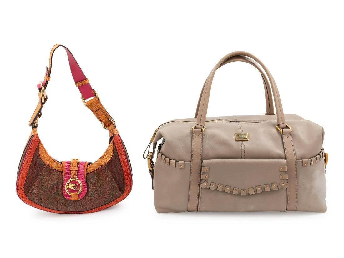One Etro Purse and One Burberry Bag, 1990-2000s: One Etro Purse and One Burberry Bag, 1990-2000s The First: Multicolored leather bag in pink, orange and tan and trimmed with panels of paisley print material. Bag is embellished with goldtone pieces w