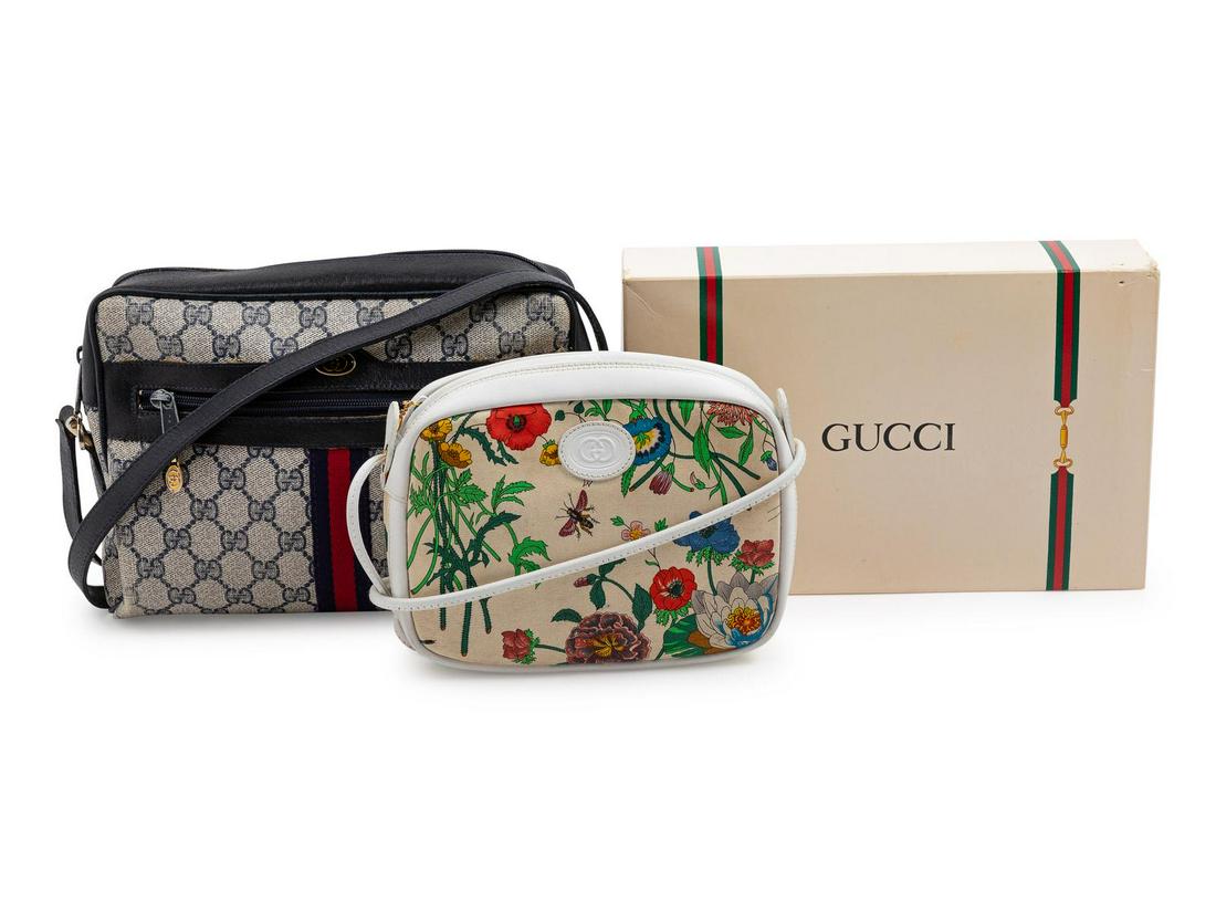 Two Gucci Bags, 1970-90s: Two Gucci Bags, 1970-90s The first bag is made with a glazed GG material in blue and white and trimmed with blue leather and a vertical band of red and woven ribbon. Label: Gucci Accessory Collection 