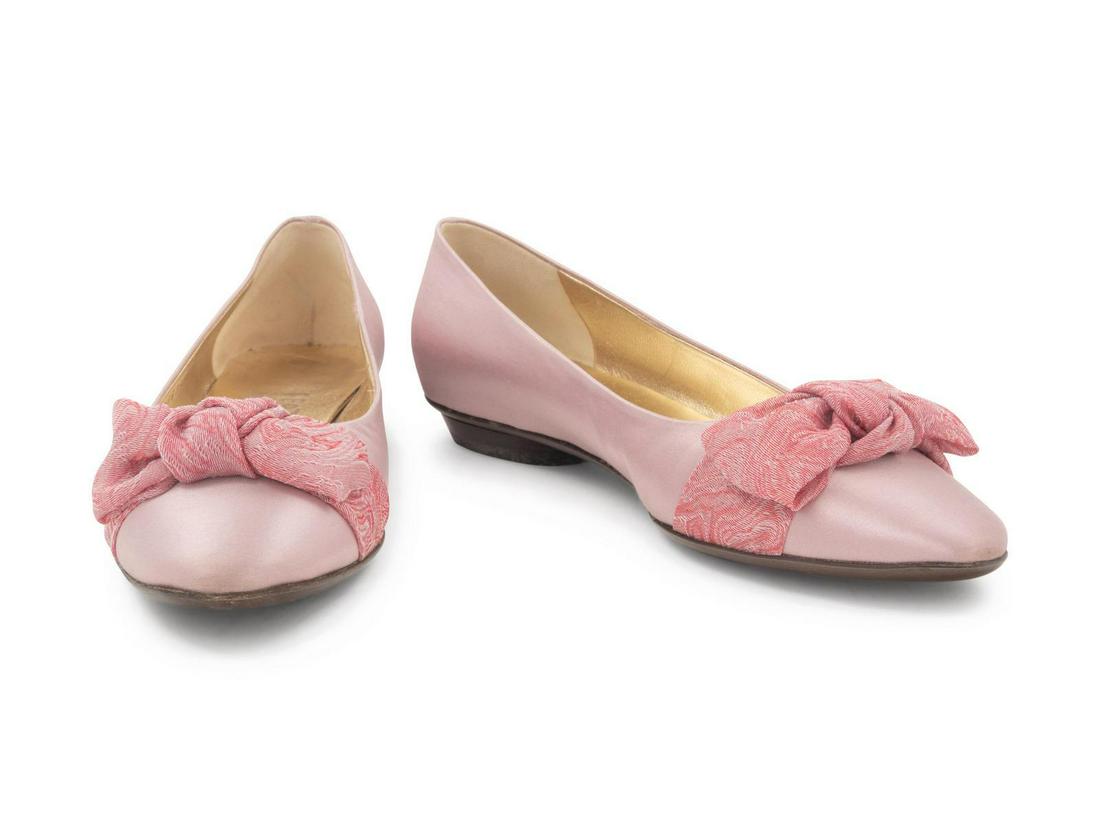 Two Pairs of Ferragamo Shoes, 2005: Two Pairs of Ferragamo Shoes, 2005 The first: Pink satin flats with a pink and white fabric bow over each toe. Label: SalvatoreFerragamo / Made in Florence Size Stamp: 7 1/2 B The second: Black patent