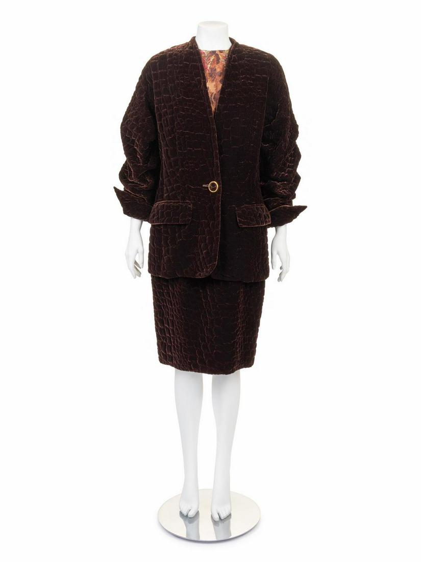 Gianfranco Ferre Quilted Ensemble, 1980-90s: Gianfranco Ferre Quilted Ensemble, 1980-90s A jacket and skirt made of quilted brown velvet. Jacket with no collar and gathered ragland sleeves with a center front boutton closure. Straight skirt has 