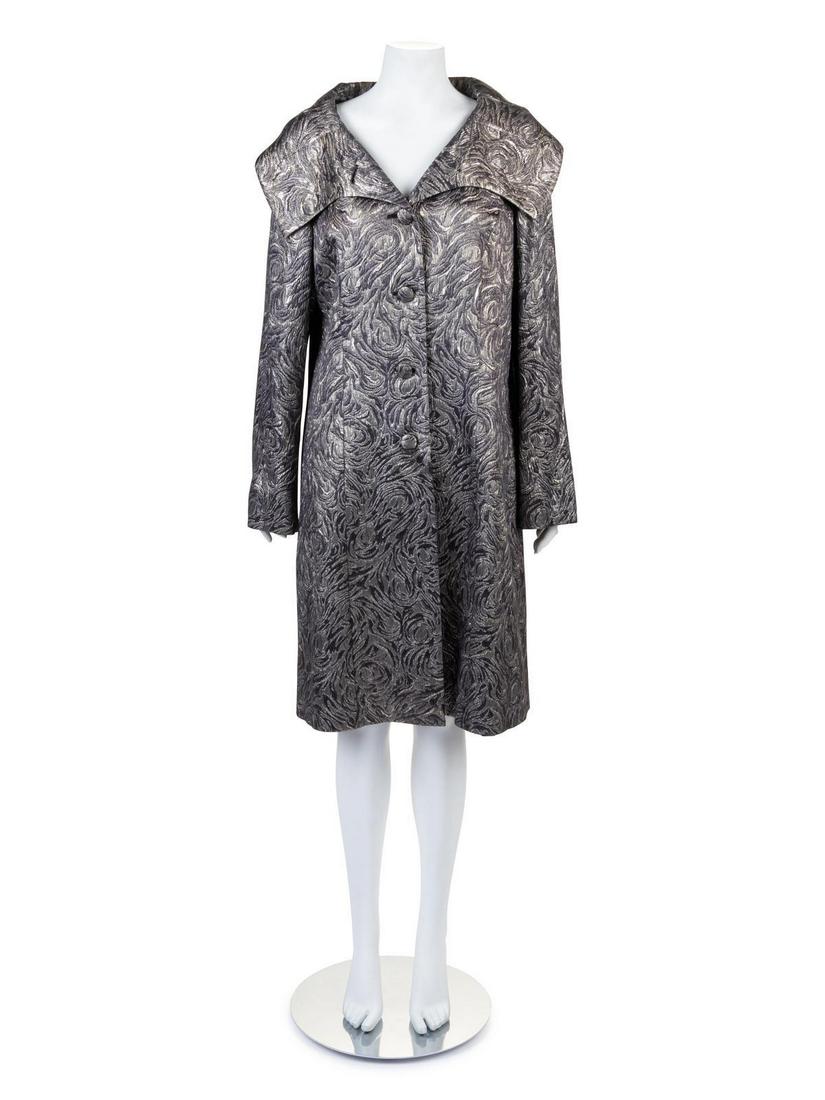 Valentino Coat, 2000s: Valentino Coat, 2000s Light gray and dark gray woven and metallic fabric with foral design, wide collar, and center front button closure. Label: Valentino Roma Size Label: EU 50, US 14. Comes with ori