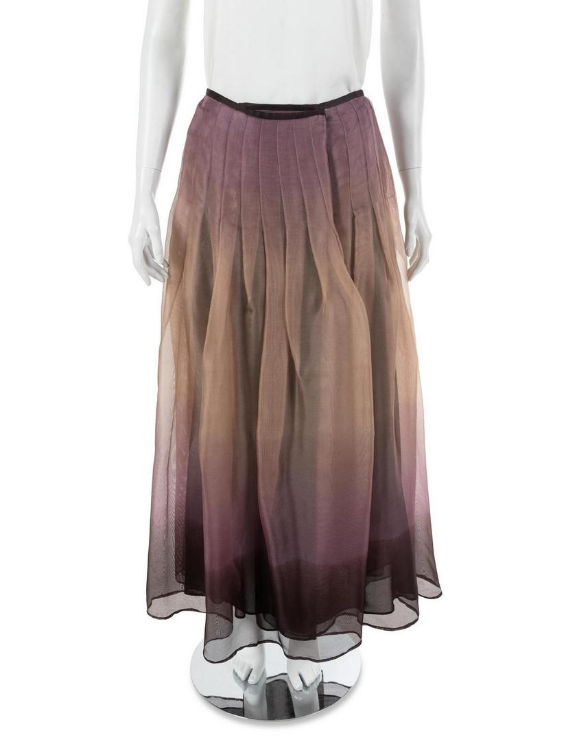Armani Skirt, 1990s: Armani Skirt, 1990s A sheer silk skirt dyed in stripes of purple and tan, pleated into the waistband. Label: Giorgio Armani Colleczioni Size label: 8 Approximate Flat Measurements Across Front: Waist: