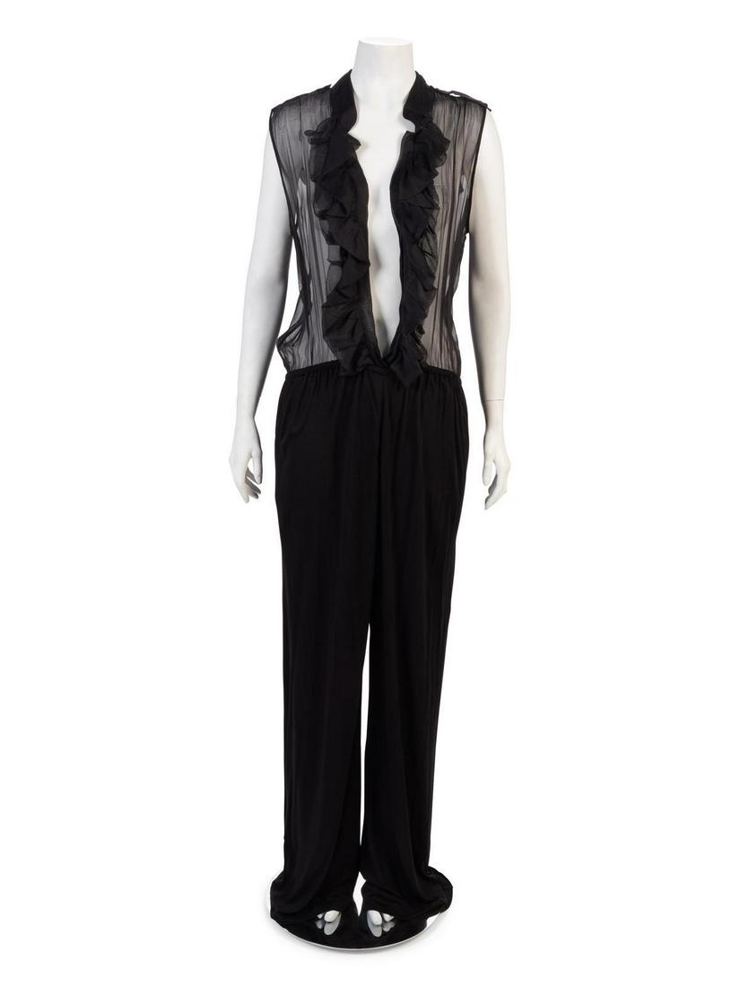 Fendi Jumpsuit and Shoes, 2000-2010s : Fendi Jumpsuit and Shoes, 2000-2010s Sleeveless black sheer fabric jumpsuit with black knit pants. Top of jumpsuit is trimmed with self fabric gathers with an elastic waistband. Label: Fendi Made in I