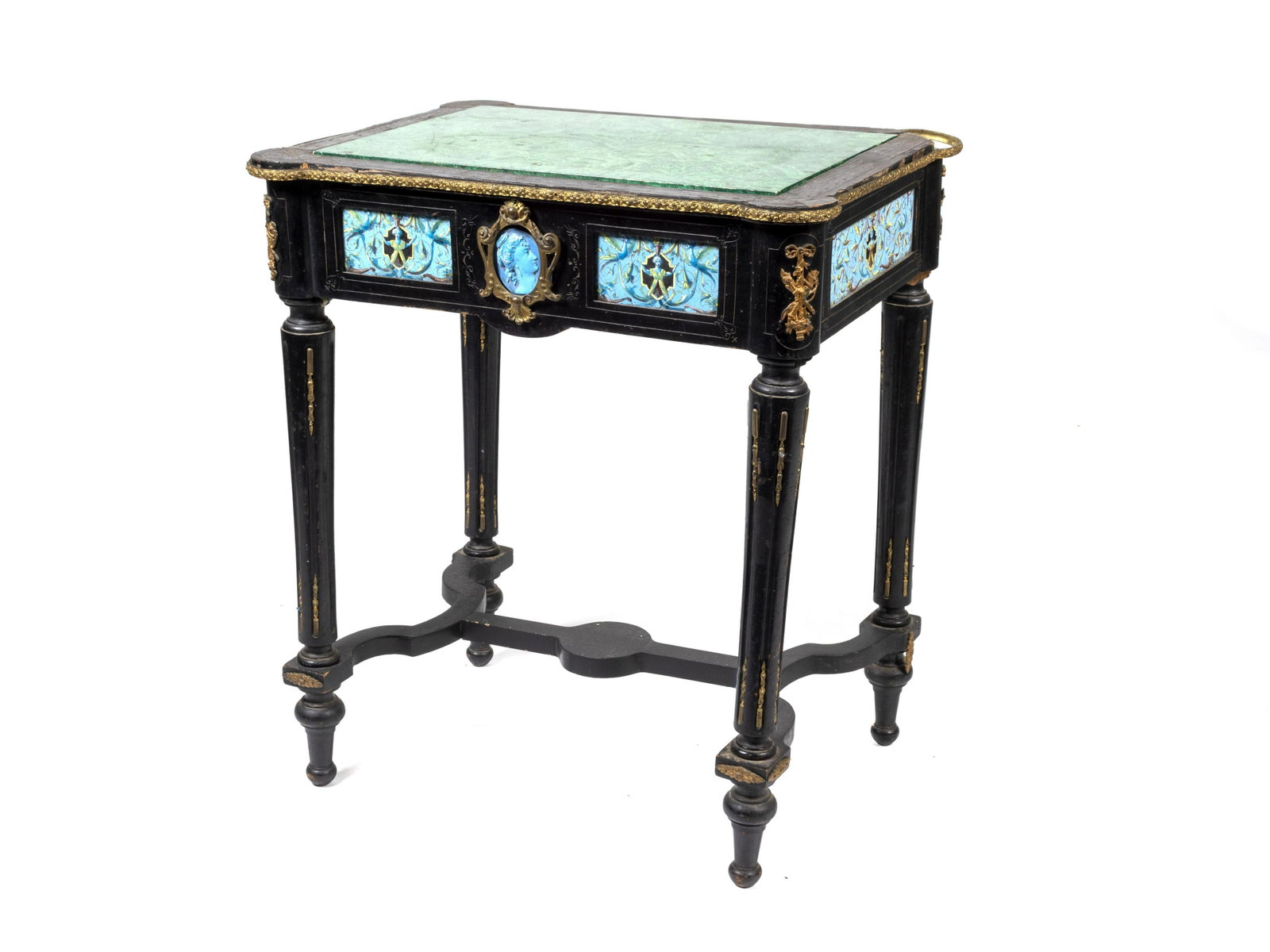 A Continental Faience-Mounted Ebonized Jardiniere Table: A Continental Faience-Mounted Ebonized Jardiniere Table LATE 19TH CENTURY The later faux malachite-painted wood top lifting to reveal the jardiniere (liner lacking), the sides mounted with ceramic tie