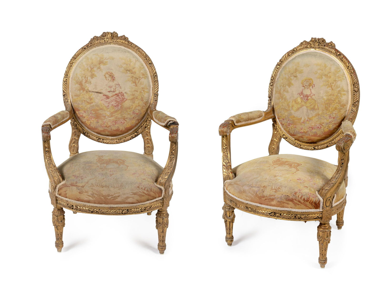 Pair of Louis XVI Style Aubusson Tapestry -Upholstered: Pair of Louis XVI Style Aubusson Tapestry -Upholstered Fauteuils en Cabriolet Each with foliate-decorated oval back enclosing a needlepoint panel depicting maidens reading or dancing, each, bowed seat