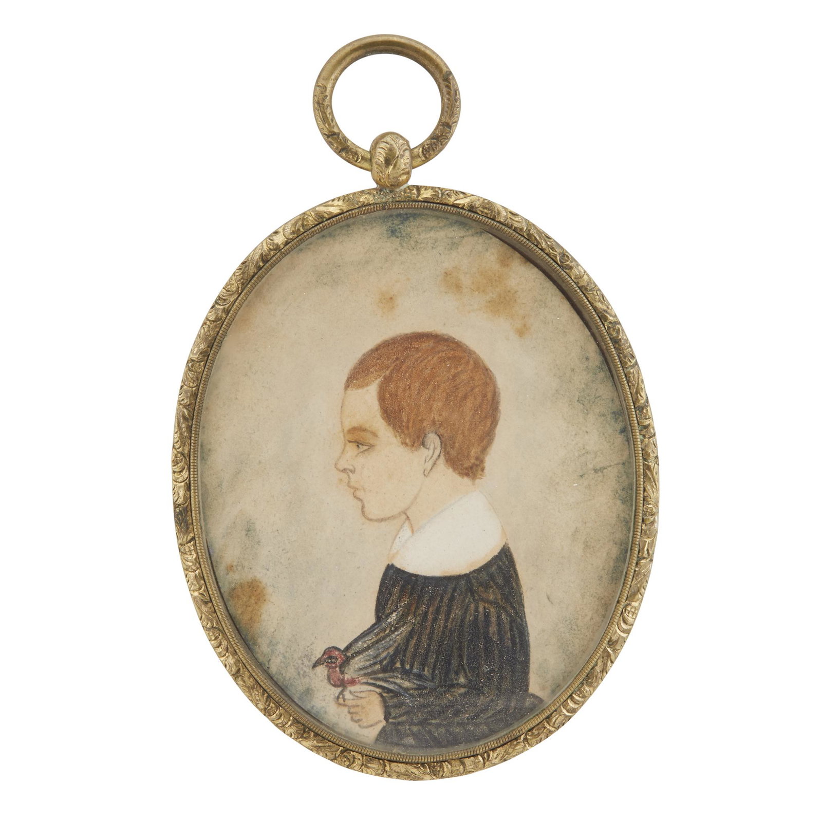 American School 19th century, Portrait miniature of a: American School 19th century Portrait miniature of a young boy holding a bird Watercolor, ink, and pencil on paper, gilt metal locket frame with hairwork to obverse. 2 1/2 in. x 2 in. (sight)