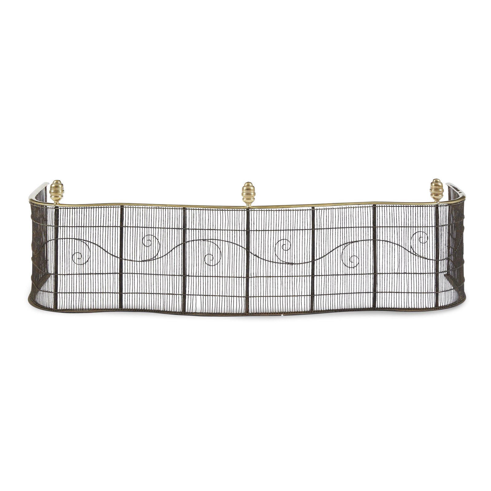 Federal brass, wrought iron, and wirework fireplace: Federal brass, wrought iron, and wirework fireplace fender early 19th century H: 14 1/2 in. W: 19 in. L: 51 in.