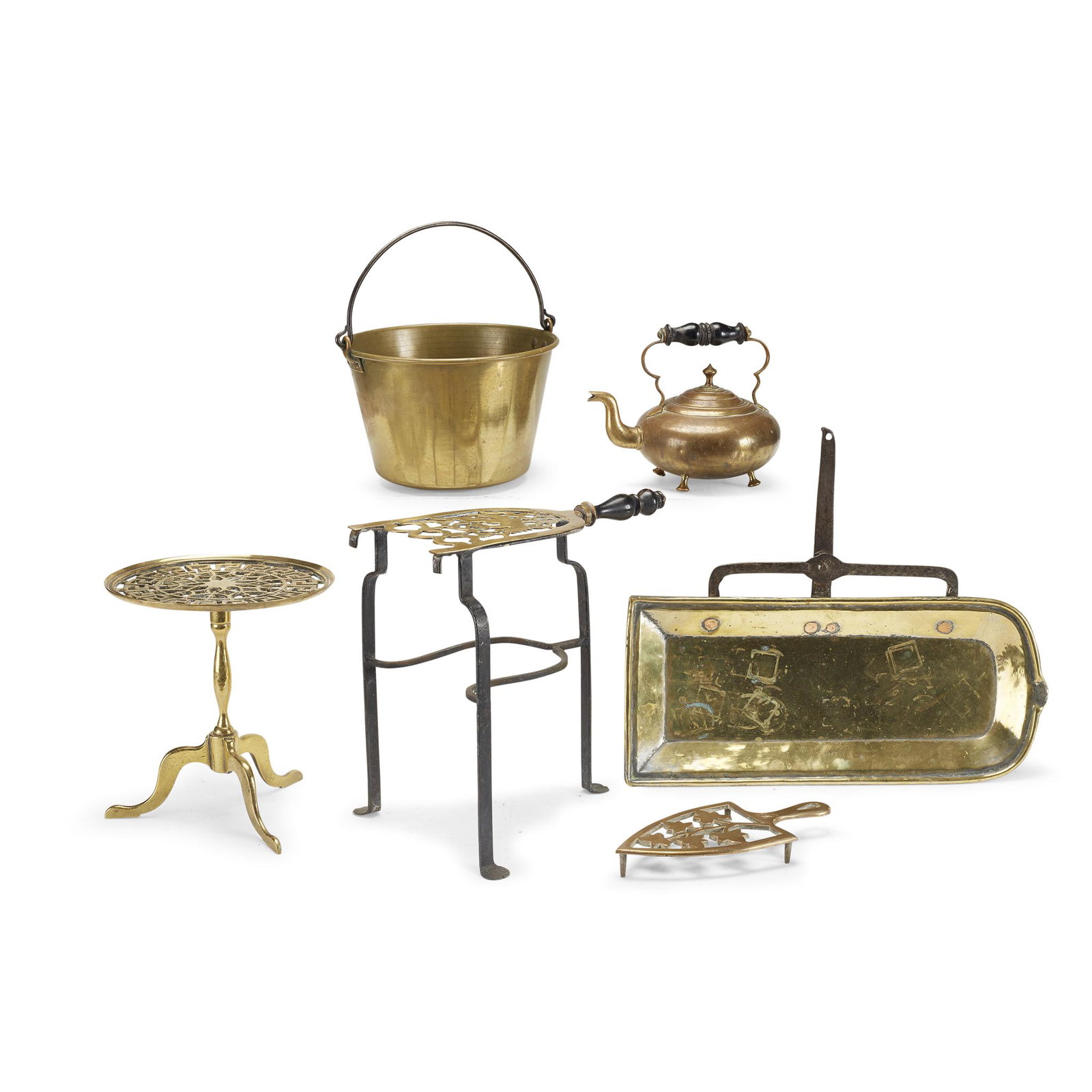Group of six brass and wrought iron kitchen wares,: Group of six brass and wrought iron kitchen wares 18th/19th century Comprising a cooking pot, marked "E. Miller & Co. Meriden Conn." to underside; a bread warmer; a tea kettle; and three trivets/kettl