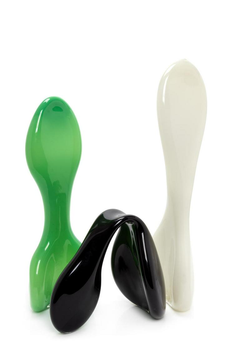 Greg Fidler (American, b. 1970) Three-Piece Sculpture,: Greg Fidler (American, b. 1970) Three-Piece Sculpture, c. 2000 blown glass etched Greg Fidler '00 to each element Height of tallest element 25 inches Property from the Collection of the Evelyn Goldste
