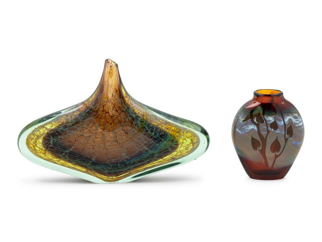 Two Studio Glass Vessels American, Late 20th Century: Two Studio Glass Vessels American, Late 20th Century One Michael David and one by Kit Karbler blown glass Tallest | H 6 x W 12 inches Property from the Estate of Herbert Wittow, Denver, Colorado