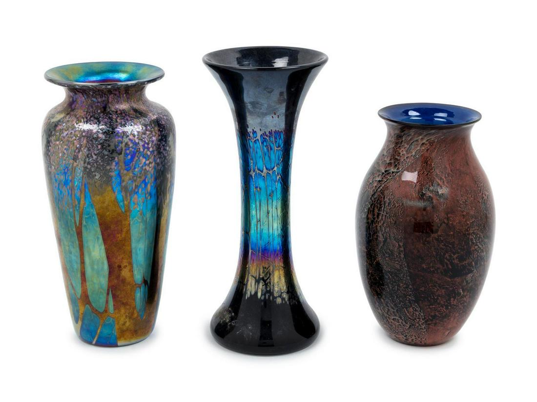 Studio Art Glass 20th Century Collection of Three: Studio Art Glass 20th Century Collection of Three Vasescomprising works by Josh Simpson and two Unknown Artist blown glass Taller | 10 inches