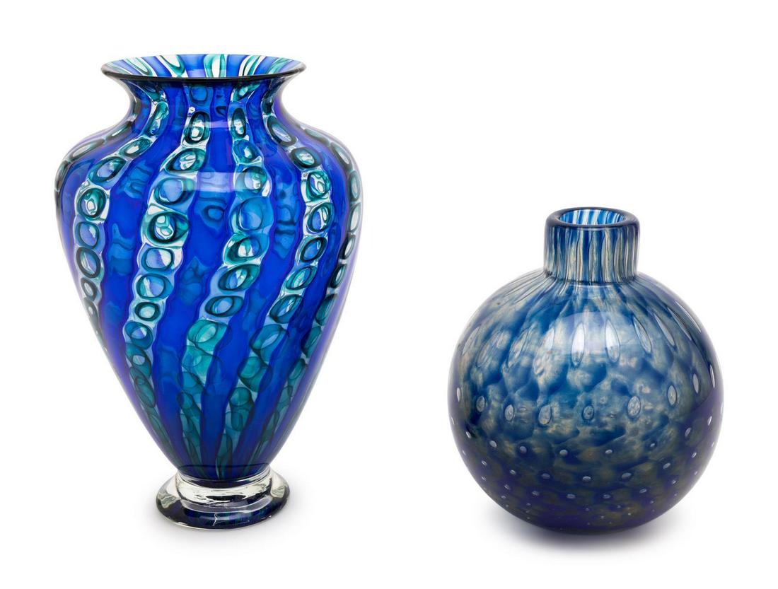 Studio Glass America, 20th Century Two Vasescomprising: Studio Glass America, 20th Century Two Vasescomprising works by Angelo Fico and Unknown Artist blown glass etched signature to underside of Angelo Fico example. H of tallest 9 3/4 inches