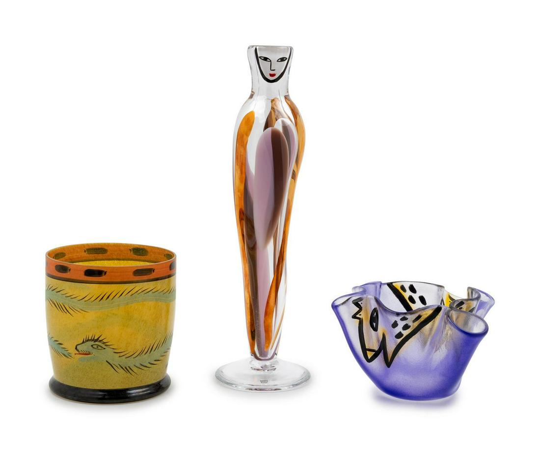 Ulrica Hydman-Vallien (Swedish, 1938-2018) Three Art: Ulrica Hydman-Vallien (Swedish, 1938-2018) Three Art Glass VesselsKosta Boda, Sweden blown and hand-painted glass etched signature to underside Taller | H 16 1/2 inches