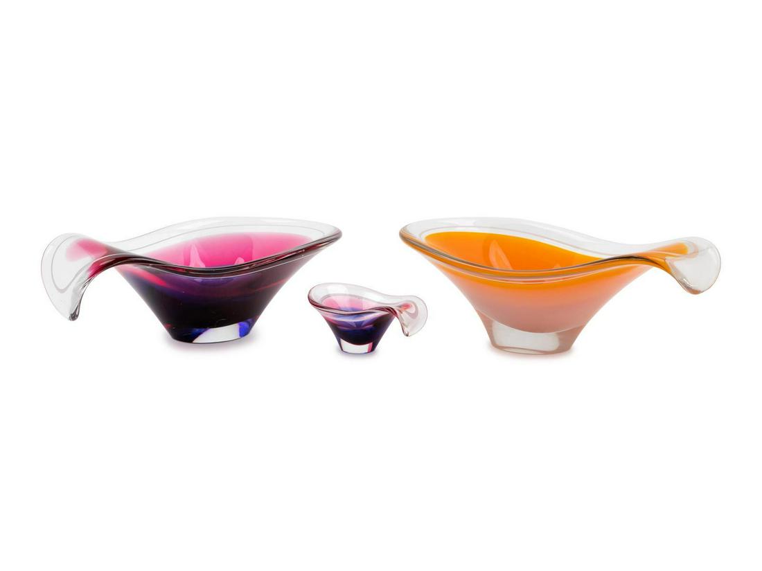 Flygsfors Sweden, Mid 20th Century Three Lipped Bowls: Flygsfors Sweden, Mid 20th Century Three Lipped Bowls blown Glass etched signature to underside Largest | H 5 x W 13 1/2 x D 8 1/2 inches