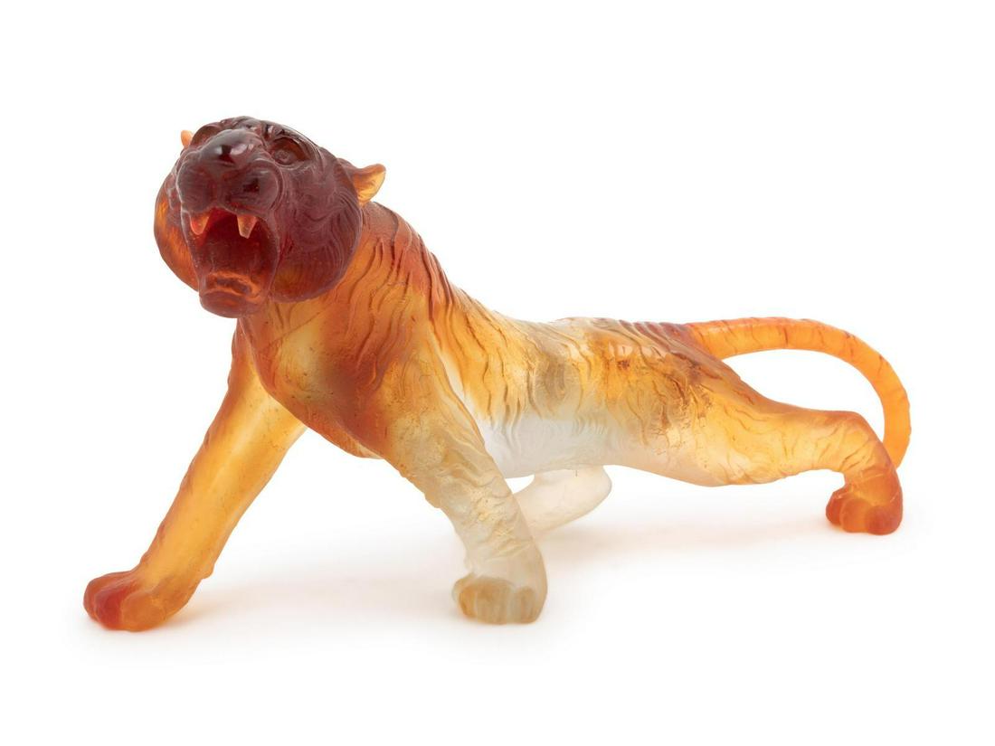 Daum France, Late 20th Century Tiger Figurine: Daum France, Late 20th Century Tiger Figurine pate-de-verre glass signed H 6 1/2 x W 10 3/4 inches