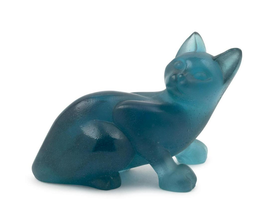Daum France, Late 20th Century Blue Cat Figurine: Daum France, Late 20th Century Blue Cat Figurine pate-de-verre glass signed Height 4 1/2 inches