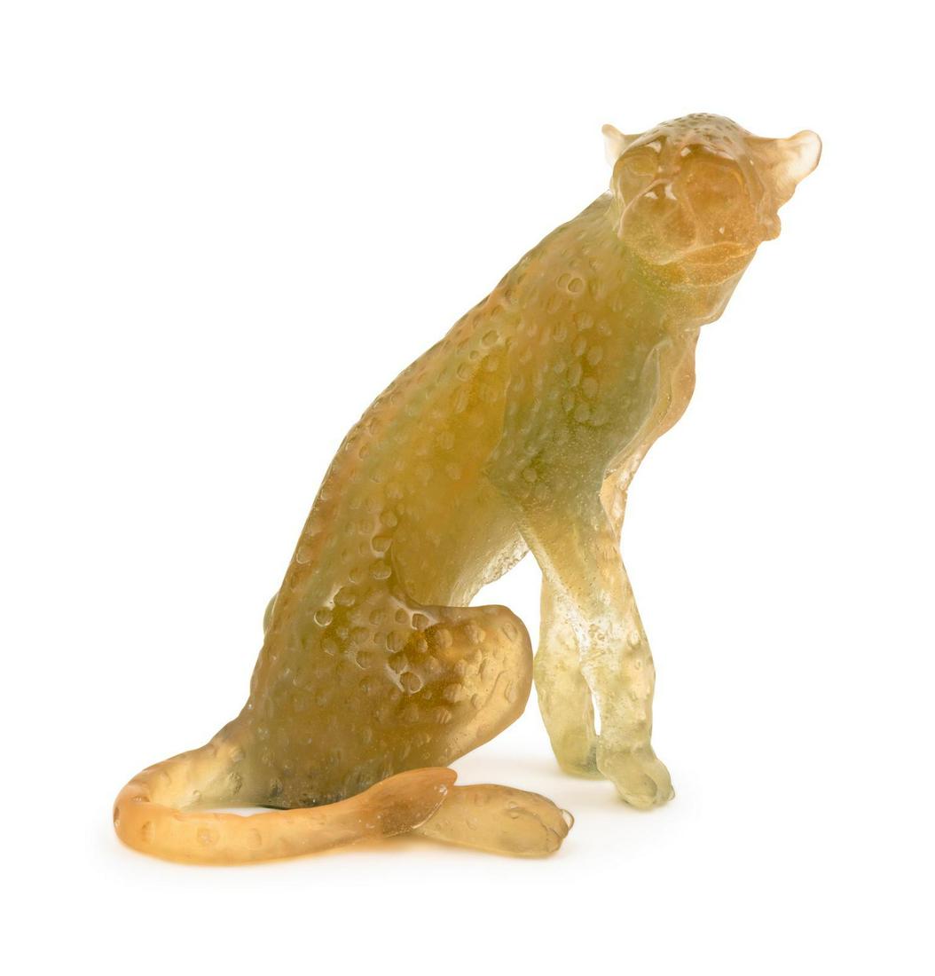 Daum France, Late 20th Century Cheetah Figure: Daum France, Late 20th Century Cheetah Figure pate-de-verre glass signed Height 10 1/2 inches