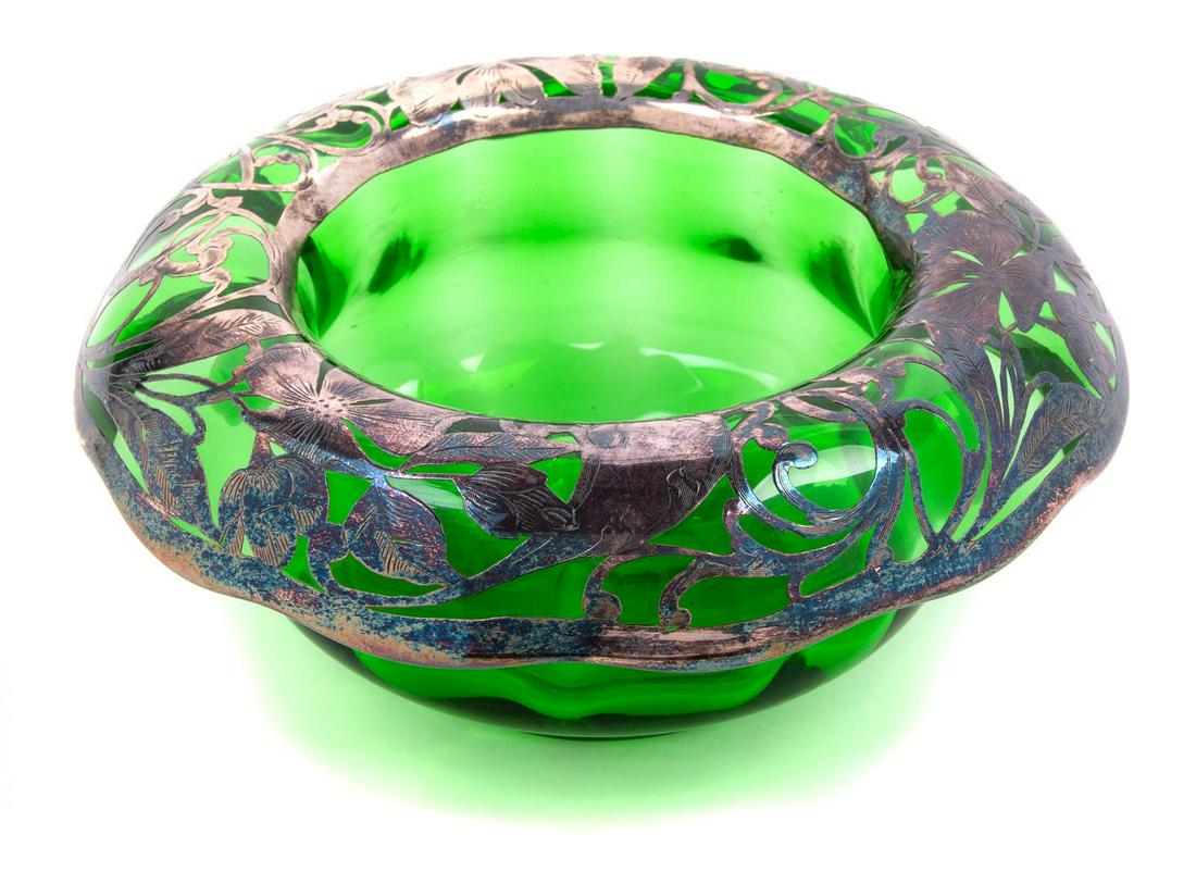 Style of Loetz Early 20th Century Silver Overlay Bowl: Style of Loetz Early 20th Century Silver Overlay Bowl blown glass, silver Diameter 7 1/2 inches Property from a Private Collection, Spooner, Wisconsin