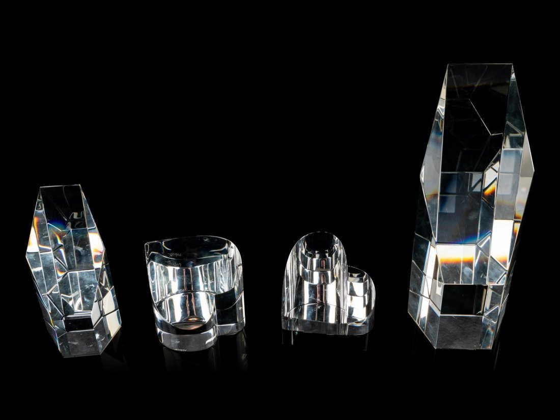 Steuben American, Late 20th Century Two Heart: Steuben American, Late 20th Century Two Heart Paperweights with Two Obelisk Forms cut glass two Hearts etched Steuben to underside Height of Tallest 10 inches