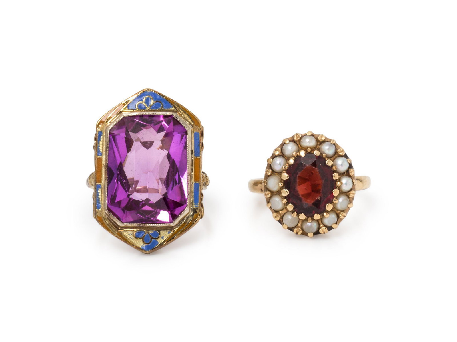 COLLECTION OF YELLOW GOLD AND GEMSTONE RINGS: COLLECTION OF YELLOW GOLD AND GEMSTONE RINGS consisting of a 14 karat gold ring containing one oval mixed cut garnet and 12 seed pearls, together with a ring containing one octagonal mixed cut synthet