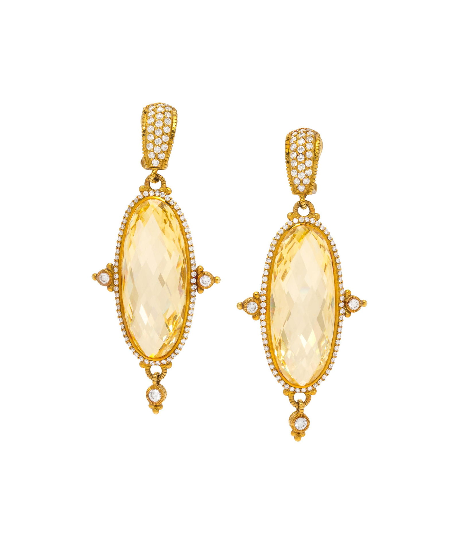 JUDITH RIPKA, CRYSTAL AND DIAMOND EARCLIPS: JUDITH RIPKA, CRYSTAL AND DIAMOND EARCLIPS Containing two oval shape checkerboard cut crystals measuring approximately 33.00 x 13.10 x 6.55 mm and numerous round brilliant cut diamonds. Mounted in yel