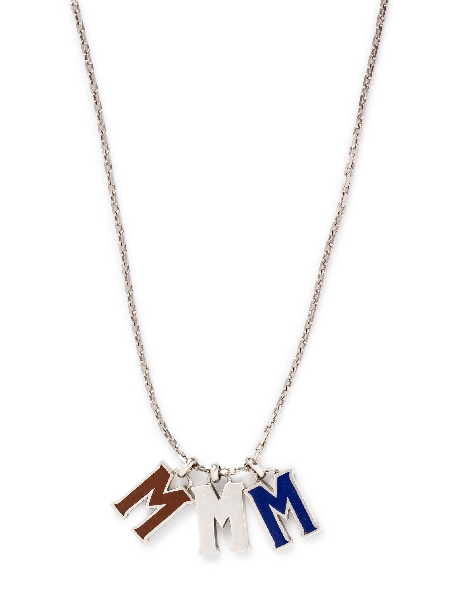 GUCCI, COLLECTION OF ENAMEL 'M' PENDANTS WITH SILVER: GUCCI, COLLECTION OF ENAMEL 'M' PENDANTS WITH SILVER NECKLACE Consisting of an M pendant with brown enamel, an M pendant with blue enamel and a sterling silver M pendant, suspended from an Italian bev