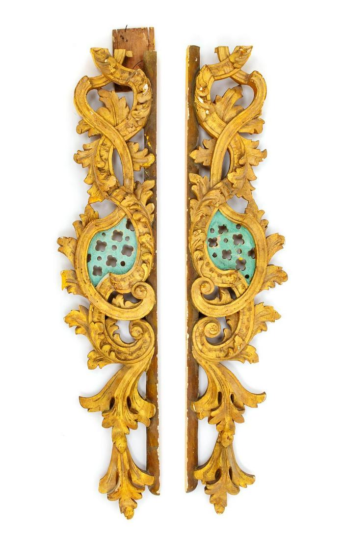A Louis XV Style Carved and Parcel Gilt Cornice: A Louis XV Style Carved and Parcel Gilt Cornice Likely Late 19th Century in two parts. Width 57 inches. Property from the Collection of Michael and Janice Doniger, Chicago, Illinois