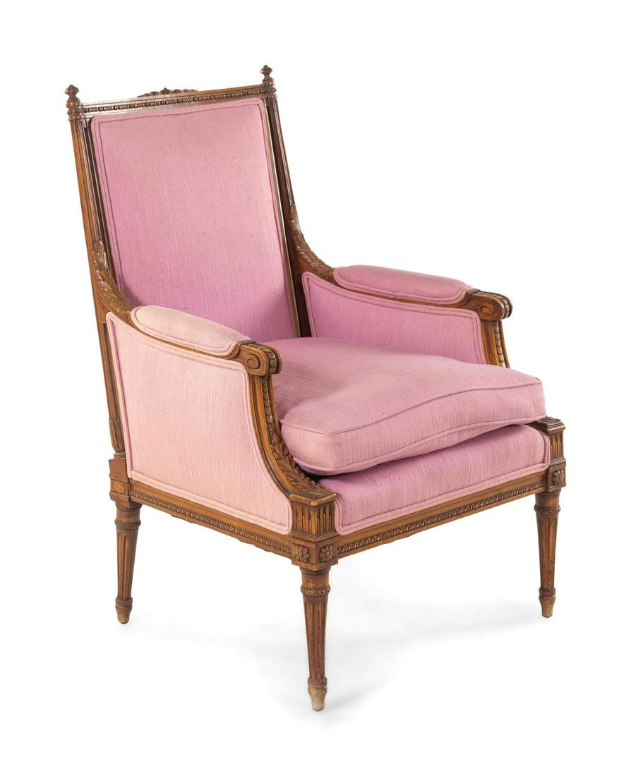 A Louis XVI Style Bergere: A Louis XVI Style Bergere Late 19th/Early 20th Century Height 39 3/4 inches. Property from the Collection of Dr. Gregory Boshart and Dr. William Lawrence, Chicago, Illinois