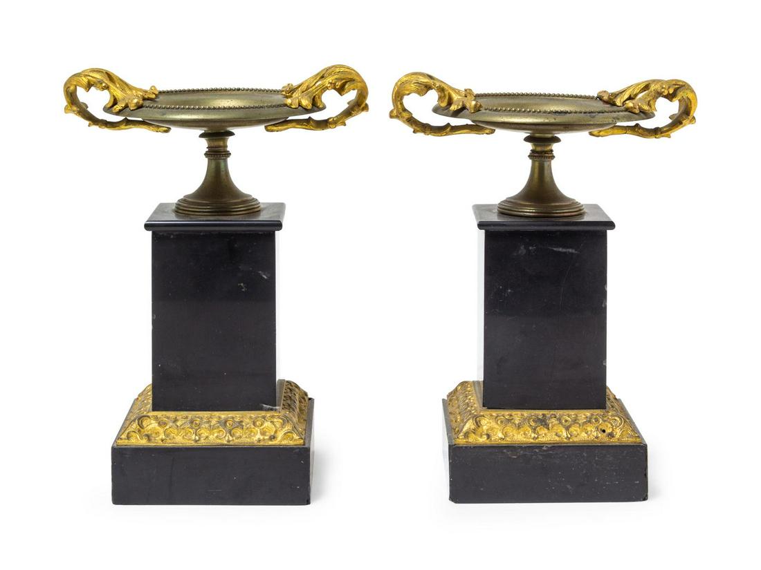 A Pair of Neoclassical Gilt Bronze and Slate Tazze: A Pair of Neoclassical Gilt Bronze and Slate Tazze Late 19th/Early 20th Century Height 9 1/4 inches. Property from the Collection of Dr. Gregory Boshart and Dr. William Lawrence, Chicago, Illinois