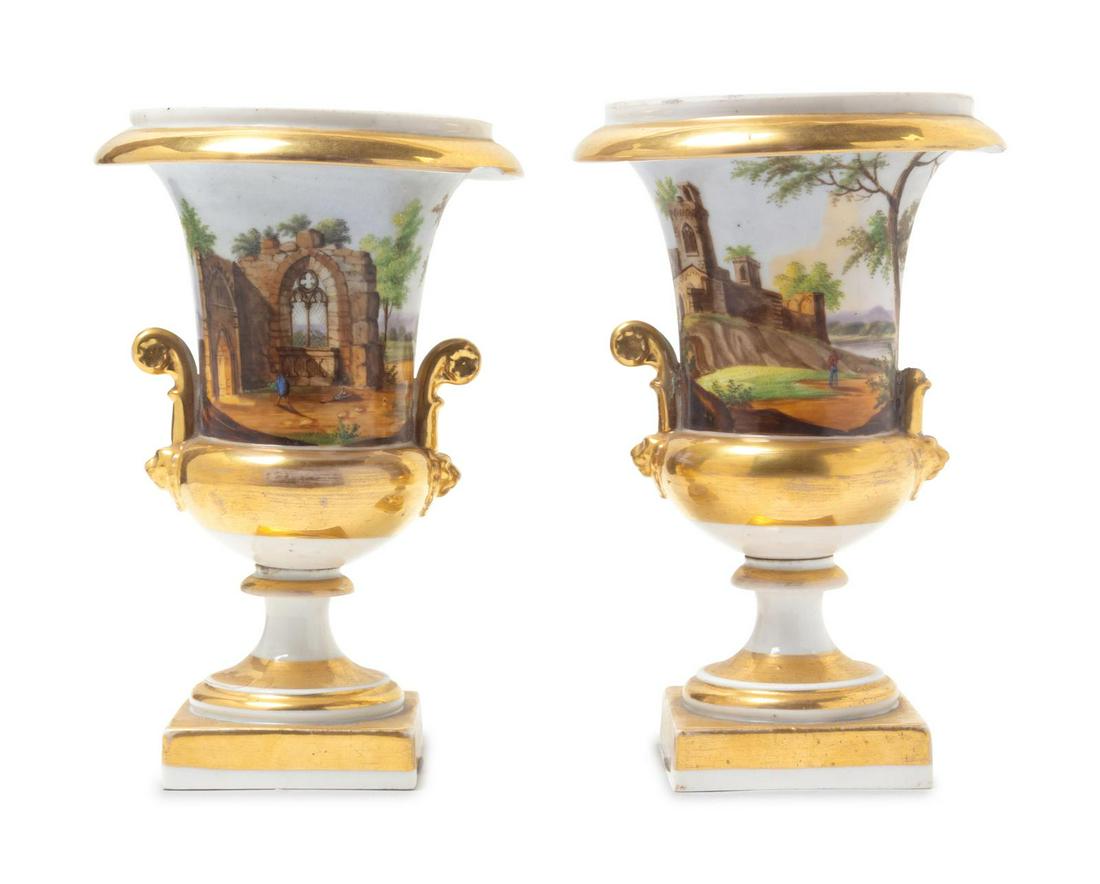 A Pair of Paris Porcelain Topographical Urns: A Pair of Paris Porcelain Topographical Urns 19th Century Height 8 3/4 inches. Property from the Collection of Dr. Gregory Boshart and Dr. William Lawrence, Chicago, Illinois