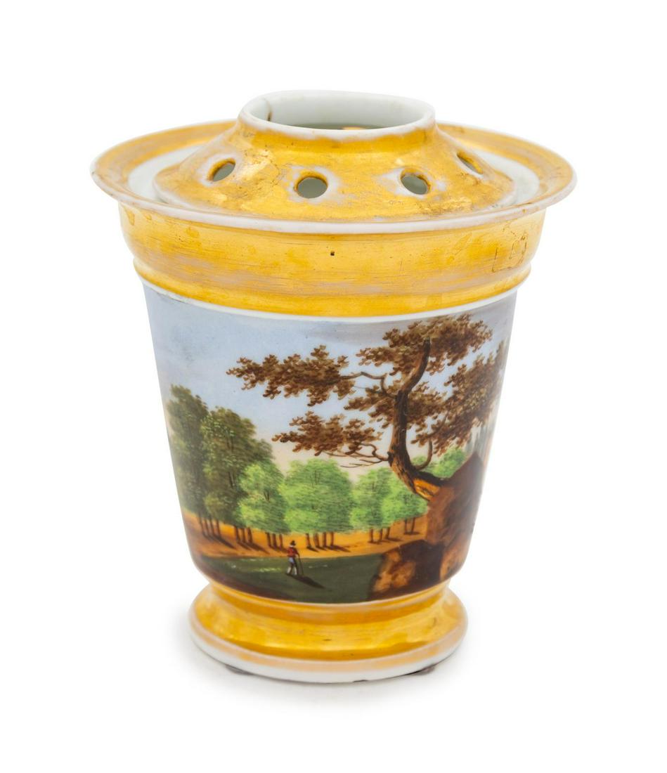 A Paris Porcelain Parcel Gilt and Painted Tulipiere: A Paris Porcelain Parcel Gilt and Painted Tulipiere 19th Century Height 5 1/8 inches. Provenance: George Subkoff Antiques, Norwalk, Connecticut Property from the Collection of Michael and Janice Don