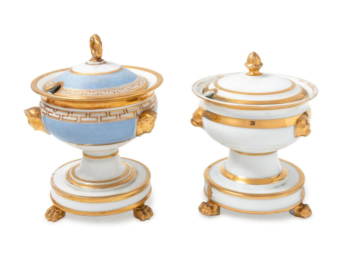 Two Similar Paris Porcelain Covered Sauces on Stands: Two Similar Paris Porcelain Covered Sauces on Stands 19th Century Height of taller 8 inches. Property from the Collection of Dr. Gregory Boshart and Dr. William Lawrence, Chicago, Illinois