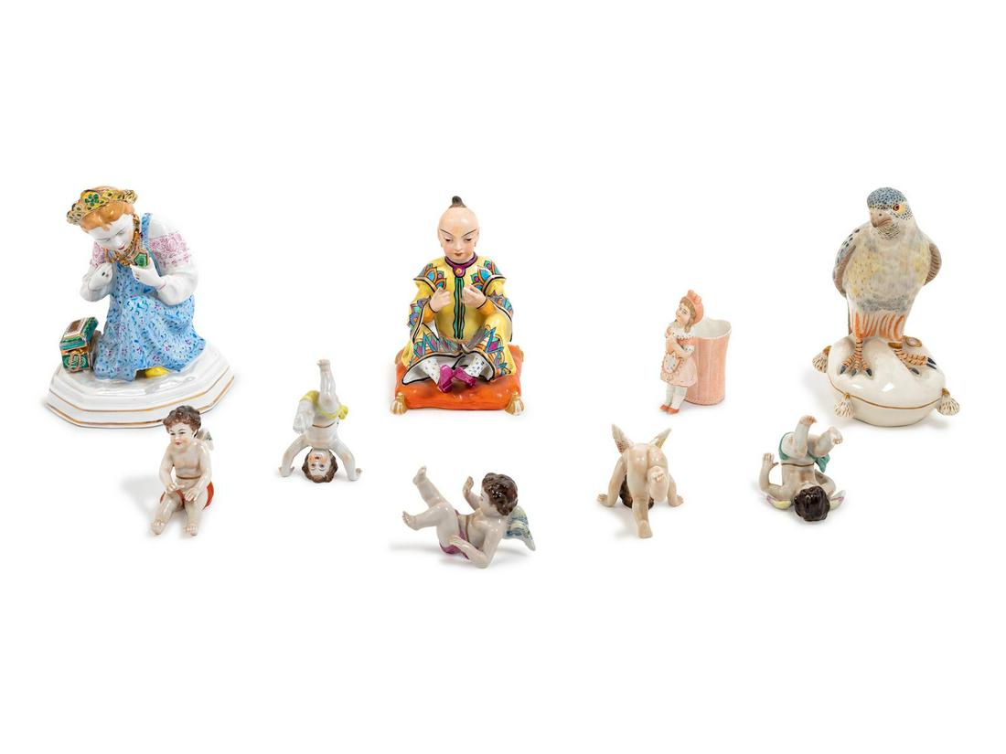 Group of Nine Figural Porcelain Articles: Group of Nine Figural Porcelain Articles Property from the Collection of Dr. Gregory Boshart and Dr. William Lawrence, Chicago, Illinois