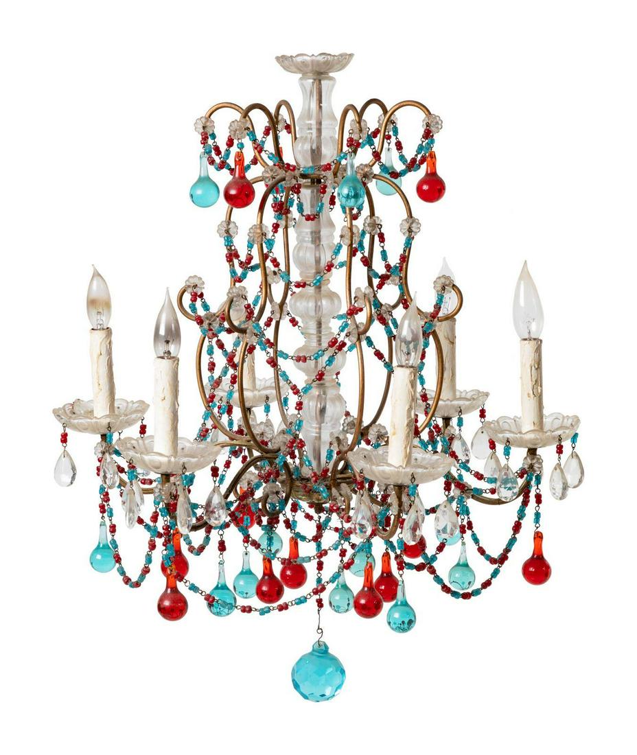 A Beaded and Cased Glass Six-Light Chandelier: A Beaded and Cased Glass Six-Light Chandelier 20th Century Height 26 inches. Property from the Collection of Dr. Gregory Boshart and Dr. William Lawrence, Chicago, Illinois