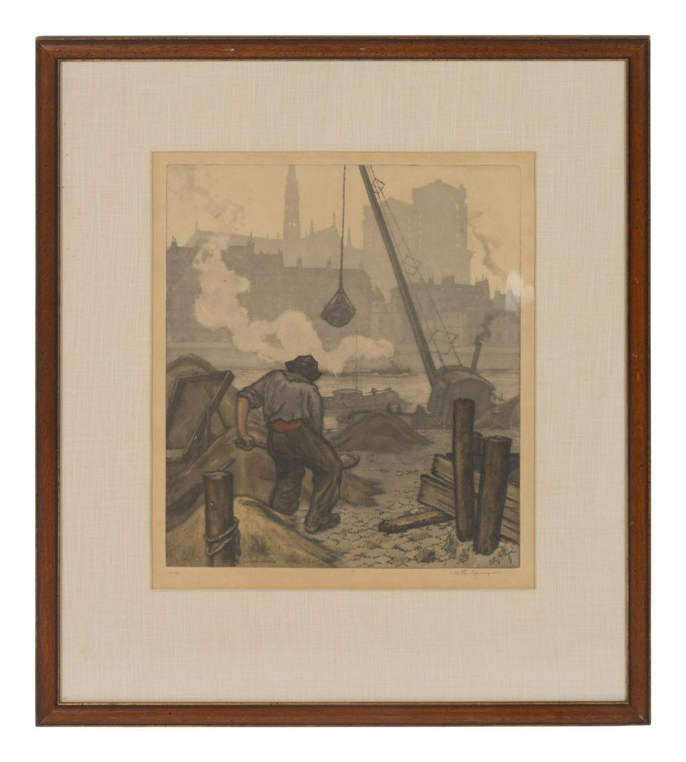 Jaromir Stretti-Zamponi (Czech, 1882-1959): Jaromir Stretti-Zamponi (Czech, 1882-1959) City Scene colored engraving 14 1/4 x 12 1/2 inches. Property from the Collection of Michael and Janice Doniger, Chicago, Illinois